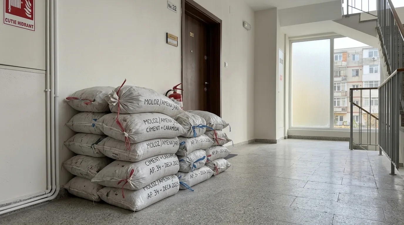 Saci de moloz stivuiți pentru evacuare